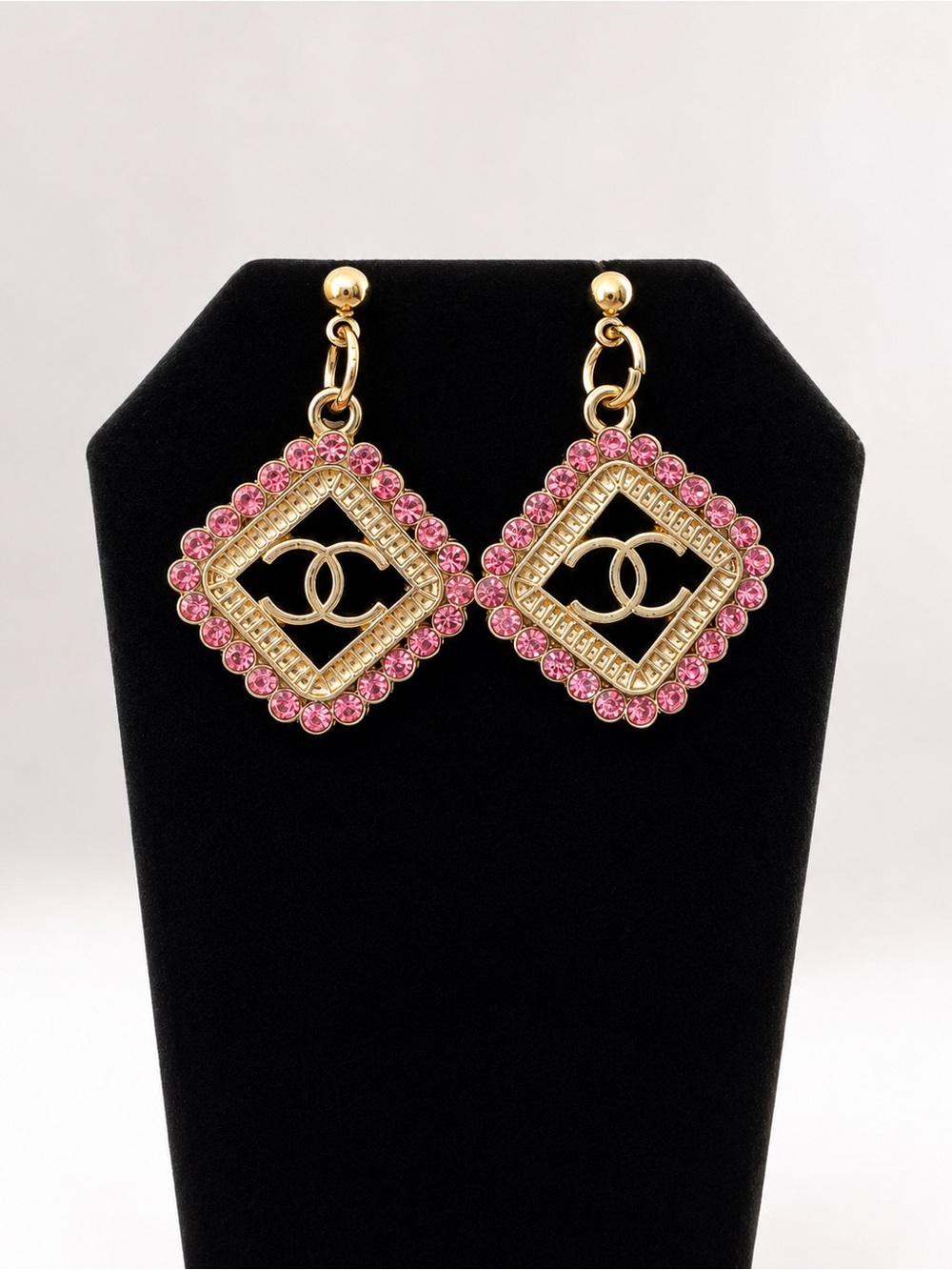 CHANEL Gold Drop Earrings with Pink Crystals
